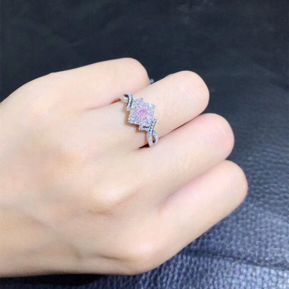😍Beautiful Silver Pure Pink Double Layer Weave Princess Cut CZ Ring, K832 - Picture 6 of 9